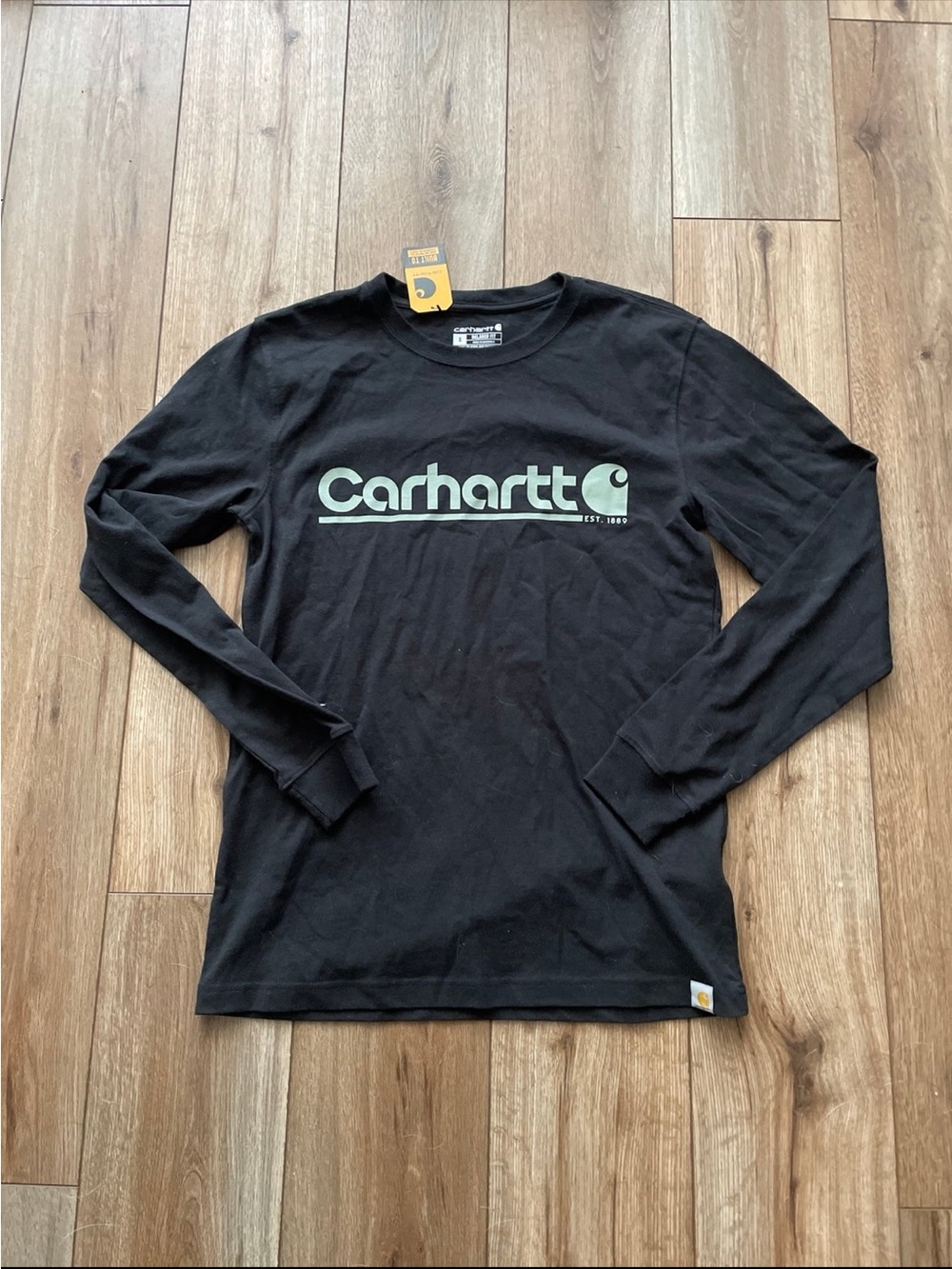 Carhartt Black Long-Sleeve Tee with Pale Green Logo